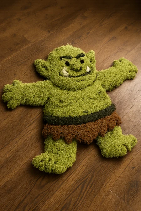 a fluffy carpet that represent a friendly green orc  in a T-pose, dynamic view