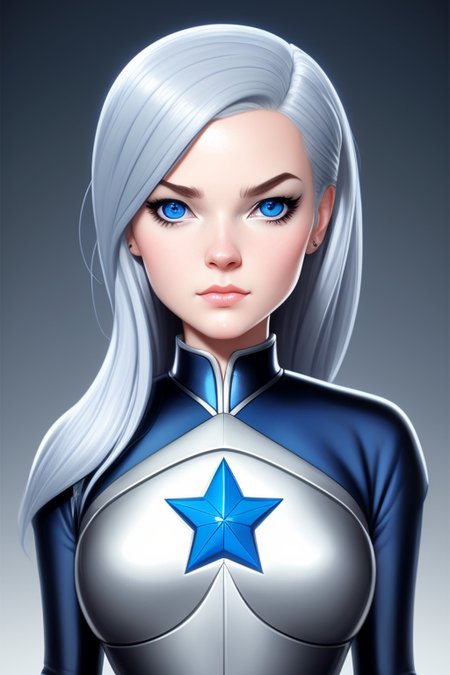 a cartoon woman in a silver suit with a blue eye and a silver nose and chest with a star on it, by Daniela Uhlig, digital art, digital, detailed, manga, portrait, anime