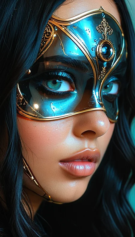 Close-up gorgeous girl face , dark skin, sexy, cute, bangs, freckles, striking turquoise large eyes, aligned eyes, mirror eyes, (half smile),
BREAK,
(wearing transparent sci-fi Venetian Mask with intricate very detailed gold filigree), (thin detailed gold filigree), curly black hair, braid,
long lashes, trendy portrait, sci-fi style, sci-fi mechanisms, 
tender Aesthetic nose, ears, puffy lips, sensual lips, detailed texture, detailed eyes, detailed skin, clean skin,
<lora:Someplastic:1>, (ultra sharp focus:1.8), (detailed skin:1.8), (thin lines:1.8), (best quality:1.8),
<lora:Apparatus_-_Traction_City_Walkers_Vehicles:0.7>,
<lora:add-detail-xl:2> (ultra sharp focus:1.8), (detailed skin:1.8), (thin lines:1.8), (best quality:1.8),
<lora:glowneon_xl_v1:0.8>