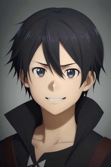 high resolution, solo, best quality, 1Boy, Kazuto Kirigaya, portraits, Black Hair, Black Eyes, portrait, looking at viewer, angry, smile, OverallDetail