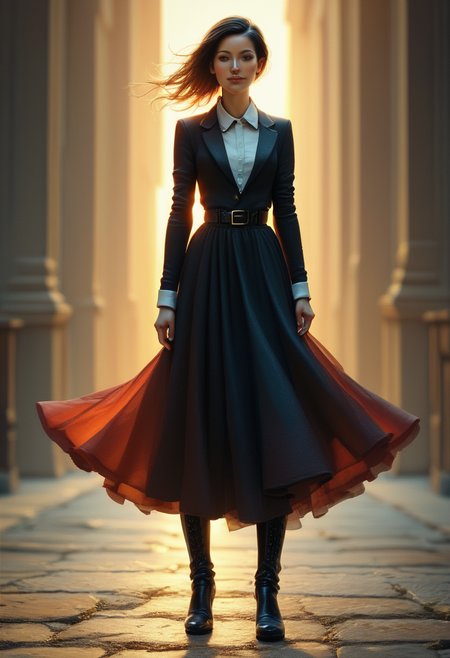 score_9, score_8_up, score_7_up, score_6_up, score_5_up, score_4_up, realistic, A bold image of a model in a tailored red blazer dress with a wide belt cinching the waist. The dress features a deep V-neckline and a flared skirt, her legs elongated by knee-high black boots, her hair styled up. , backlight, cinematic photoshot <lora:ponys-dream:.9>