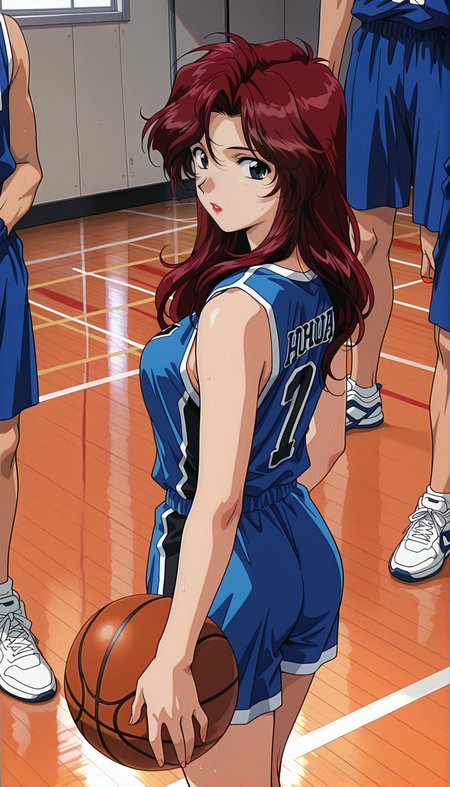 masterpiece,best quality,amazing quality,1990s \(style\),AoiFutaba tm,1girl,solo,lipstick,black eyes,Wine red hair,long hair,basketball,basketball uniform,sportswear,blue shirt,indoors,shorts,looking at viewer,holding,shirt,sleeveless,solo focus,ball,parted lips,bare shoulders,holding ball,sleeveless shirt,shoes,standing,blue shorts,breasts,bare arms,looking back,from behind,<lora:AoiFutaba ill:0.9>,