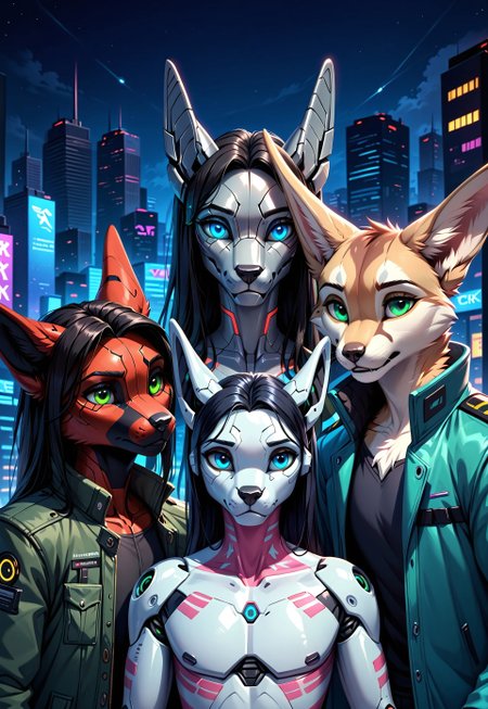 score_9, score_8_up, score_7_up, score_6_up, photorealistic, epiCPhotoGasm-colorfulPhoto, Realistic, highres, super high resolution, 8k, photo, furry, Furry, anthro, fur, male, fennec, brown fur, implanted eyes, robot face, robot face, he has gold plate on the head,  implanted forehead, blue glowing eyes, metal head, gold forehead, metal eyes, sad, long black hair gathered in a long ponytail, black hair, metallic head, metal face, he has implanted face, close-up, long dark green thick coat, green coat,  black leather shirt, black tight pants, long black hair, implants, implant eye, robot, furry,  cyberpunk, night, cyber city, cyberpunk city, metallic eyes, metallic fur, robot, thin body, night, city, cyberpunk city, cyberpunk, realistic, detailed, detailed fur, 