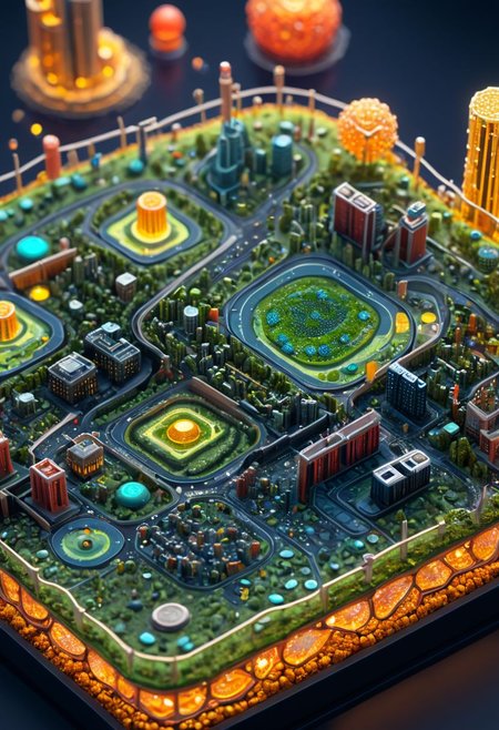 (Closeup of a miniature cell organelle city, including buildings, roads, highways, powerplants, parks, and little microphag walking around, with microscopic particles floating around, detailed micro city with mitochondria, dna, blood cells, micro bacteria, cell wormers, microscopic organisms),  (bokeh, shallow depth of field), ((miniature cell city of a human cell)), biologically correct, intricate details, macro lens, wlop, (miniature dna, miniature cells, realistic anatomy), mini\(ttp\), 8k, high quality, 4k, intricate details,
(masterpiece,best quality,ultra_detailed,highres,absurdres:1.2)