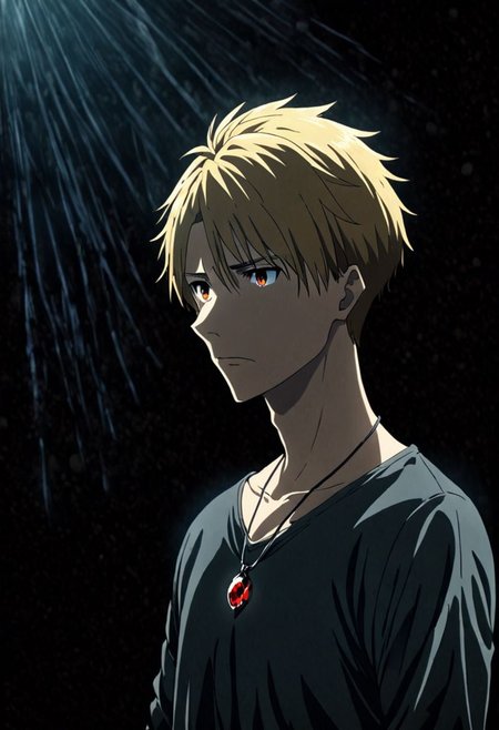 high resolution, solo, best quality, 1Boy, Yamato Ishida, Blond Hair, Necklace, cool, Mysterious black background, Movie lighting, a sense of atmosphere, OverallDetail