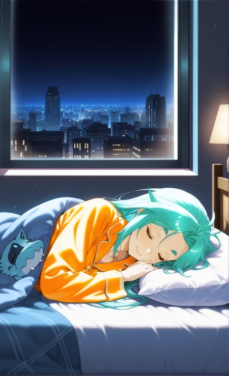 masterpiece, sharp detail, intricate detail, 1girl, <lora:To be hero X - Lucky Cyan:0.8>, lucky cyan \(to be hero x\), detailed eyes, smile, closed eyes, sleeping, pajamas, blanket, indoors, lying on bed, pillow, cityscape, window, city lights, from side,