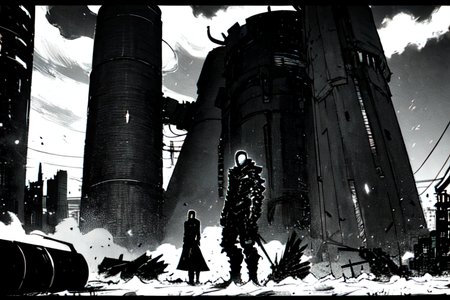highly insanely detailed, masterpiece, top quality, best quality, highres, 4k, 8k, RAW photo, (very aesthetic, beautiful and aesthetic),  
tsutomu nihei,nihei_tsutomu,blame!,blame gakuen!,abara,TNstyle,sidonia_no_kishi,(tower,megastructure in background,city ruins,deep horizon,hangar,lab,stairs,mausoleum,tunnel),machinery,light particles,ventilation fan,ventilation shaft,dark sky,black sky,toha heavy industries,letterboxed,star \(sky\),starry sky,gauna,gauna mech,walkway,clouds,dome,lantern,wire,tentacles,concrete walls,metal walls,cables,tubes,industrial pipes,steam,smoke,foggy,bones,fence,bridge,drainpipe,buildings,science fiction,flock,no human,decrepit, 
<lora:ABARA:0.8>, 
(1girl:1.3), 
solo focus, 
downtown,city,âââ