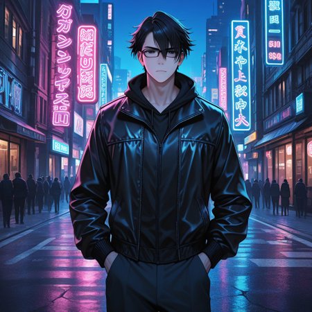 masterpiece, best quality, amazing quality, absurdres, newest, detailed background, definition so sharp, Ultra-HD, 8K cinematic, very awa, impressionate, amazing quality, highres, 
solo, male focus, manly, 
saruhikofushimi, saruhiko_black hair, saruhiko_black eyes, 1boy, short hair, glasses, stylish jacket, standing, hands in pockets, city street, night, neon lights, cool colors, confident, stylish, slightly intimidating, charming