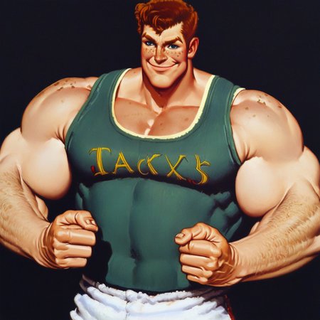 norman rockwell style, pectorals, clenched hand, flexing biceps, hairy arms, bara, front view, upper body, freckles, white shorts, confident smile, black background