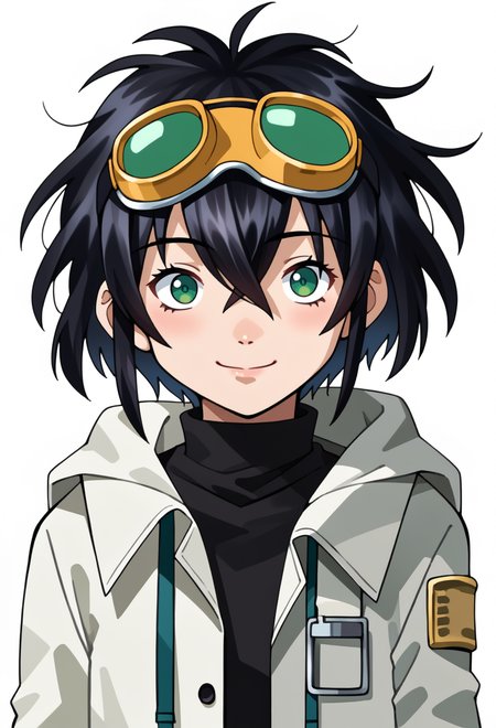 score_9, score_7_up, source_anime, BREAK <lora:zs_SoulHackersPortraitsXL:1> soulhackersportraits, portrait, white background,, smile, 1boy, green eyes, short hair, black hair, bangs, hair between eyes, messy hair, (goggles on head:1.2), headband, white coat, hooded coat, hood down, open coat, black turtleneck,
