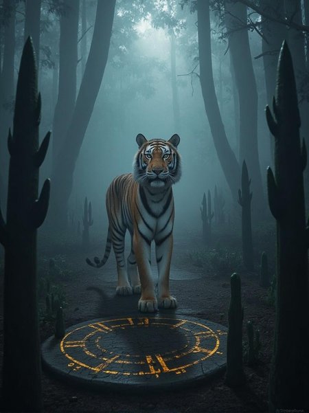 <lora:crumpjournalsketch-000011.safetensors:1>
Under the cold, silver glow of the moon, the forest transforms into a realm of shadows and whispers. The powerful Bengal tiger, with its legs wide apart and piercing yellow eyes, stands alert in the center of the scene. The thick mist that envelops the forest creates an otherworldly veil, masking the boundaries between the real and the surreal. The tiger's distinct black stripes and tan coat with white accents are illuminated by the eerie glow, casting elongated and distorted shadows that dance around it.
The mist curls around ancient stone slabs, each covered in strange, glowing runes that seem to pulse with an unknown energy. The plants, now more cacti and succulents, take on a menacing presence. Their shadows stretch and twist, creating a haunting atmosphere. Some of these plants appear to move subtly, as if they are alive, adding to the sense of unease.
The air is filled with the faint sound of whispering winds, as if the forest itself is communicating in an ancient, forgotten language. The warm light that might have once bathed this scene is now replaced by a cold, eerie glow, emphasizing the tiger's imposing size and intensity. The camera angle, at the tiger's eye level, only serves to heighten the sense of foreboding and mystery.