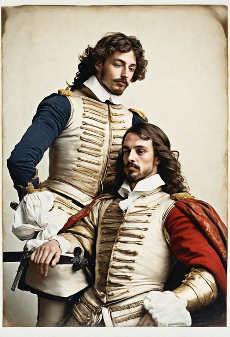 portrait of  two French male Musketeers making love, completely nude,  in room of white porcelain and gold, 38-year-old, penis, handsome, scar across chest, fierce looking, dynamic pose, intimate, 17th century style, masterpiece drawing,(faded&glossy polaroid with red and gold highlights), context, vastness++, 4k, ac_neg1