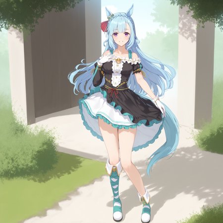 score_9, score_8_up, score_7_up, source_anime, 2D, anime BREAK
grassland, 
shobofuku, 1girl, solo, long hair, breasts, looking at viewer, blush, smile, gloves, dress, animal ears, blue hair, standing, purple eyes, tail, full body, braid, boots, black gloves, white gloves, black dress, horse ears, horse girl, horse tail, single glove, crown braid, asymmetrical gloves, mismatched gloves, asymmetrical footwear, mismatched footwear, 
<lora:mejiro_ardan-ponyXL-000006:1>,