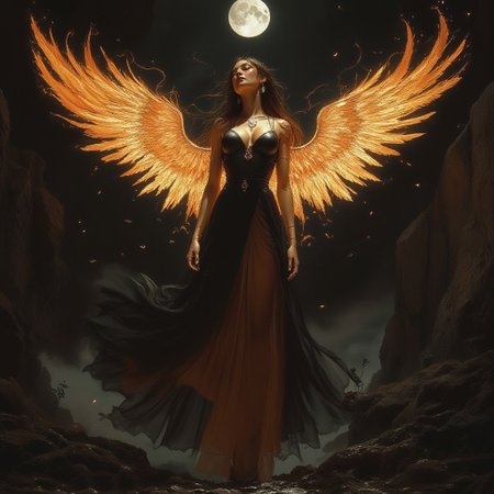 woman made of fire, seductive, tall, long hair, night dress, high heels, flying  like an angel, full moon on background, EE_DA