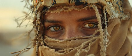 A stark, intimate close-up of the desert princess's face, her sun-scorched skin bearing a faint, faded golden sheen, framed by tangled strands of windblown, sand-encrusted hair. Her eyes, weary yet piercing, catch the muted glow of a dying desert dawn—a desaturated blend of amber and washed-out pastels, hinting at both defiance and despair. Fine grains of sand cling to the sweat on her weathered brow, forming a raw, gritty texture that speaks of survival against harsh odds.
Her intricately beaded veil, frayed at the edges, barely conceals her face, its tarnished threads catching fleeting, dim beams of light slicing through the swirling, dust-choked air. The cracked, ancient headpiece rests unevenly on her forehead, its carvings worn and dulled, faintly pulsating with an eerie, forgotten glow that casts fractured shadows across her gaunt features. The atmosphere is bleak and foreboding—faint shafts of pale, anemic light struggle through a smothering ochre sky, illuminating her face with a ghostly, otherworldly pallor. Dust motes swirl erratically, catching the light in brief, haunting flashes that accentuate the desolation. Her expression is steadfast yet haunted, her slightly parted lips drawing in the dry, oppressive air, embodying quiet endurance in a landscape that feels as broken as she does.