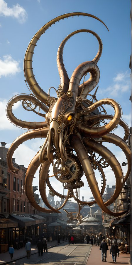 Generate hyper realistic image of the Steampunk Sky Kraken, a fantastical creature from a steampunk-themed movie. Its tentacles unfurl through the airships and gears of a Victorian-era metropolis, embodying the fusion of technology and myth.more detail XL