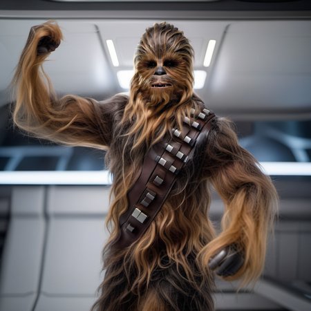 Chewbacca1024, a furry very muscular humanoid, full body,flexing muscle pose, in a spaceship, detailed eyes, highly detailed, photography, ultra sharp, film, bokeh, professional, 4k   <lora:Chewbacca1024:0.8>