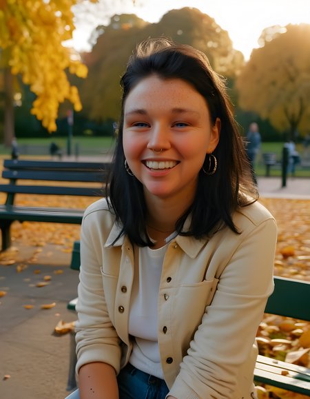 In a bustling city park, under the soft golden glow of the setting sun filtering through the vibrant autumn leaves, a woman with black hair adorned by a single silver piercing and freckles across her nose stands, her smile revealing perfectly white teeth that sparkle against her slightly tanned skin. Her outfit is casual yet chic, sporting an EV055M logo on a fitted white shirt tucked into blue denim jeans, with black boots completing the ensemble. The camera angle is low and slightly off-center, capturing her from the waist up, with the park bench blurred in the background, creating a sense of intimacy and focus on her moody yet serene demeanor as she gazes thoughtfully into the distance.