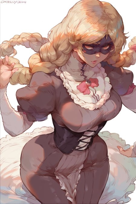 <lora:CuteSexyRobutts:1>, score_9, score_8_up, score_7_up, score_6_up, score_5_up, rating_questionable, source cartoon
1girl, pretty face, pretty eyes, detailed eyes, HD eyes, eyebrows, lips, parted lips, pink lips, supple lips
standing, cowboy shot wide hips, athletic, thick thighs, medium breasts, perfect breasts, round breasts, round hips
pale skin, platinum blonde hair, bleach blonde hair, blonde hair, long hair, very long hair, braid, shiny hair, orange eyes
victorian dress, frilled dress, puffy sleeves, grey dress, black corset
simple background, white background