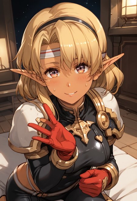 score_9, score_8_up, score_7_up, score_6_up, score_5_up, score_4_up, detailed, intricate details, source_anime, , (best quality) , (highly detailed) ,((masterpiece)), ((best quality)), (ultra-detailed), ((extremely detailed)), (high resolution), 4K, (8K), best quality, (beautiful), (dynamic lighting), (super detailed skin), sharp focus, (1_girl, solo focus), score_9,score_8_up,score_7_up,anime coloring, 1girl,solo, <lora:sonia_p_v1.5>,pointy ears,dark-skinned female, Dark skin, Dark elf,long hair,blonde hair, medium breasts,  medium hair, headband,  shiny skin, black bodysuit, red gloves,looking at viewer, purple eyes, sweat, shush gesture, from above, smile,kneeling,sweat,blush,breath ,gesturing with her index finger in a silent "shush" gesture. , dim lights , night, factory <lora:Pletwo_Onimal_Style_PonyXL-v1-000010:1>,Face Focus, Upper Body , detailed face and detailed skin <lora:add-detail-xl:1.0> ,(((feminine bodies))),(((perfect anatomy))),