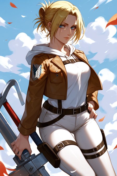 score_9, score_8_up, score_7_up, BREAK source_anime, <lora:annie leonhardt-PonyXL-lora-Faxtron:0.8> annie leonhardt, single hair bun, white hoodie, open cropped brown jacket, white pants, thigh strap, survey corps \(emblem\), knee boots,