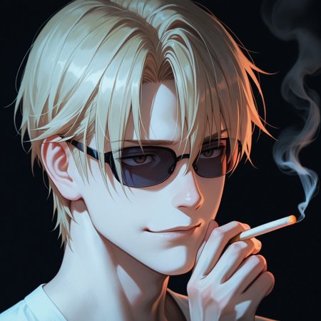 masterpiece, best quality, amazing quality, absurdres, newest, detailed background, definition so sharp, Ultra-HD, 8K cinematic, very awa, impressionate, amazing quality, highres, 
solo, male focus, manly, 
1boy, short hair, izumo_blonde, izumo_brown eyes, izumokusanagi, sunglasses \(on face\), holding cigarette, smoke, intricate smoke, ethereal, soft light, dark background, slight smirk, alluring, pensive, calm, cool colors, blue light, close up, thoughtful expression,