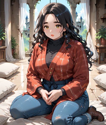 PonyScores7, source_anime, ah1, IllustriousQual, <lora:natsumi_style:0.5>, <lora:by_usakun-pony:0.4> by usakun, <lora:Akina_Bbw_Style_-_PonyXL:0.2> AkinBw
BREAK (Tilt Shot)
BREAK 1girl, mature female, (round face:1.2), (thick eyebrows:1.3), (curvy), round-chin, caucasian, (plump face), <lora:Round_face:0.2>, <lora:ETO_OCPonyXL:0.3> eto_oc, skindentation, (plump), thick thighs, wide hips, busty, voluptuous, lips, <lora:venus body PonyXL:0.3>, <lora:shinyskin2:0.2> glistening skin
BREAK  (curly hair), long hair, (black hair:1.4), (parted hair:1.7), messy hair, kinky curls, <lora:hairdetailpxl:0.2> hairdetailpxl
BREAK (brown eyes), (colorful eyes), (downturned eyes:1.4), <lora:expressive eyes:0.2> expressive eyes, <lora:eyedetailpxl:0.2> eyedetailpxl, <lora:Eyes_High_Definition:0.2> EyesHD
BREAK ((Comfortable)),  <lora:Expressive_H:0.2> Expressiveh, <lora:Emotional_Anime_Expressions_PonyXL_Concept:0.2> emotional, <lora:Best_Facial_Expression_LoRA_PONY:0.2>, looking at viewer, <lora:Detailed expressive EXEV style -XL Pony V1.0:0.2> FaceDetail
BREAK ((Breakdance (B-boying/B-girling) Dance))
BREAK Petunia plant gray plaid blazer with a black turtleneck and high-waisted jeans paired with ankle boots
BREAK (((ancient abandoned castle ruins, Serene Meditation Room, A serene meditation room with soft, natural light filtering through sheer curtains, The room is adorned with cushions and low tables, creating a tranquil space for reflection, The gentle sound of wind chimes adds to the calming atmosphere, inviting moments of peace)))
BREAK <lora:xl_more_art-full_v1:0.2>, <lora:aesthetic_anime_v1s:0.2>, <lora:EpicF4nta5yXL:0.2>, <lora:detailxl:0.2> detailxl, <lora:Fant5yP0ny:0.2>, best quality, amazing quality, best aesthetic, absurdres, illustration, Volumetric_Lighting, ultra-detailed, very aesthetic, intricate details, 8k, masterpiece, best_quality
BREAK Stable_Yogis_PDXL_Positives, AS-Adult, <lora:Complicated fantasy portrait - XL Pony V2.0:0.2>, bad-hands-5, <lora:HDA_Detailer:0.3>, HDA_FatGirlXL