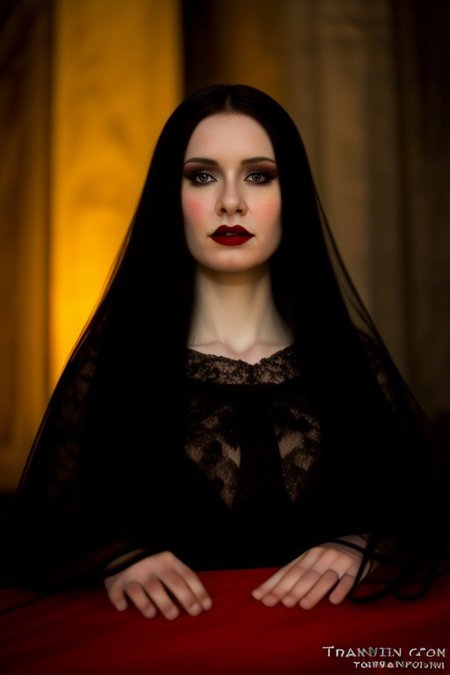 Romanian vampire girl, 23 years old, (beautiful:1.75), (very pale skin:1.35), (gothic makeup:0.99), (Red Lipstick:1), (black hair), (anime:0.35), (oval face:0.25), (Halloween), (night), (front view:1.25), (elegant), 10 minutes before the world will end, (back light),  hyper-realistic, (ultra-detailed:1), (insanely detailed:1), 4k, realistic 8k, shot on portra 400, masterpiece, (perfect composition:1.55), (style of Sandro Botticelli:0.02), (Leonardo Da Vinci:0.10), (Transylvanian Castle)
