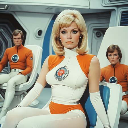 <lora:70sSci-FiMovieSDXL:1> ArsMovieStill, movie still from a 1970s technicolor Sci-Fi movie, The image is a still from a TV show or movie. It shows a woman sitting on a white chair in a futuristic space station. She is wearing a white and orange outfit with a red emblem on her chest. She has blonde hair styled in a bob and is looking directly at the camera with a serious expression. Behind her there are two men and a woman in orange outfits sitting on white chairs. The background shows a spaceship with a blue and white color scheme. The overall mood of the image is serious and futuristic., blonde hair, sitting, bodysuit, blurry, looking at viewer, realistic, breasts, own hands together, solo focus, makeup