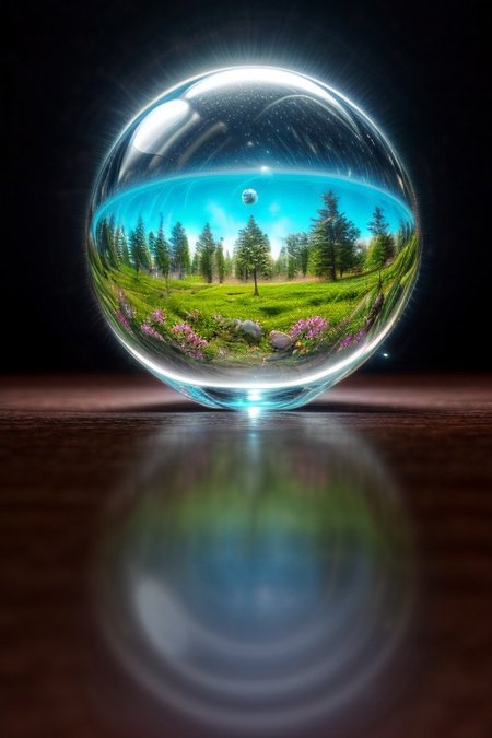 masterpiece, best quality, ultra-detailed, realistic, 8k, pine tree, flowers fields, many kinds of flowers, a couple of rabbits on very distant, lakes, meadows, glitter, moonlight, out-of-this-world scenery, lifelike, naturalism, greatest naturalism photo, immaculate detailed realism photography, rich colors, best colors perfect composition, perfect colors, colorful, clear photo, intrigue nature panorama, delicate nature photo, immaculate micro-details nature elements, (out-of-this-world scenery:1.23), beautiful landscape, beautiful flowers, crystal fantastic, breathtaking beautiful nature,  unmatched beauty nature, more nature elements, rich nature elements, close up (emphasize a restaurant crystal sphere:1.37), (close up crystal sphere, close view crystal sphere, view from close, view from near:1.37), aesthetic, artistic style, surreal, insanely lifelike, top best naturalism photography, greatest detailed, intricate nature details background, depth of field, no human, detailerlora,