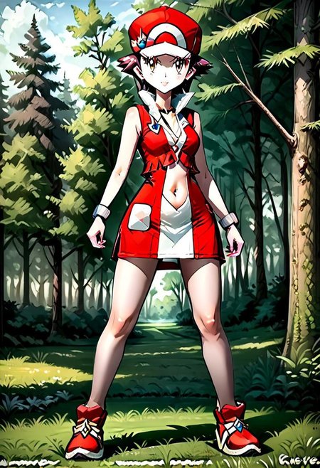 { full body, forest background, standing, FemRed:2.0, 1woman, solo, full body render, short dress, exposed navel, ball cap, }
forested area, tall grass, detailed background, forest background, forest path, low contrast:2.5, low saturation, 
pks, pokemon