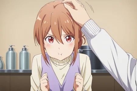 anime screencap, anime coloring, detailed face, masterpiece, best quality, very aesthetic, absurdres,, volumetric lighting, official style, amazing quality, ultra detailed,  highres, amazing quality, scenery, beautiful detailed hair, beautiful detailed eyes, defined fingers, five fingers,
<lora:Mrs._Yuigahama_My_Teen_Romantic_Comedy_SNAFU:1>
in a kitchen,
Gahamama turtleneck with blue vest outfit, Gahamama (character), 1girl, solo, pout, :t, brown background, brown hair, red eyes, turtleneck, hair between eyes, sweater, single hair bun, hair bun, clenched hands, cowboy shot, apron, dress, looking at the viewer,
BREAK
 <lora:POV_Headpat_Helper:1>POV headpatting another, POV headpat, 1man,