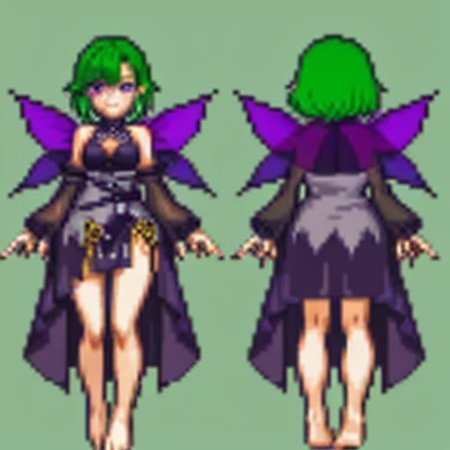 gothic, anime, evil fairy,a short ripped dress, red nails, long light green hair, evil face, fairy, dark fantasy, fairy wings with a poisonous pattern, small boobs,  simples background, purple eyes, barefoots, gbaportrait, model sheet, chara-sheet