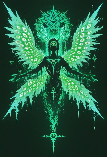 twisting , dissolving , abstract , abomination ,absurd , extreme theme ,extreme theme ,extra eyes, too many eyes, light source , illuminating , wings of eye , extra wings , Celtic symbol , green and lush , (triquetra symbol ,trinity :1.3) , tree antler ,
masterpiece, best quality ,amazing quality ,15546+456868, usnr , xxx667_illu ,
