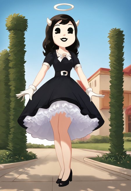 (Masterpiece, best quality:1.2), score_9, score_8_up, flat color, flat shading, soft shading, lighting, Alice Angel in a 1950's dress with a button down top, a fluffy frilly ruffled full petticoat, and high heels, dress, layered petticoat, frilly petticoat, fluffy petticoat, full petticoat, wide dress, flowing dress, long skirt, solid colored skirt, short sleeves, black hair, Bendy and The Ink Machine, series accurate, cute, best high quality, high res, black lips, white colored skin, whole body shot, 1girl, solo, outside, standing straight, in a garden, cute, adorable, smile, low angle shot, cartoon, cartoon style, vector, solo, circle dress, 1950s, alice angel