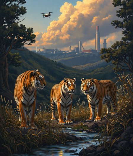 Beneath the golden light of a dying sun, three tigers stand as silent sentinels of a world slipping away. Their den, once a sanctuary deep in the jungle, now lies in the shadow of a relentless industrial invasion. Smoke rises in thick, curling plumes from the factory in the distance, its skeletal towers clawing at the sky, tearing into the land that once belonged to them. The river, which once mirrored the heavens in its crystalline depths, now runs thick with chemical waste, its surface shimmering with a sickly iridescence. Overhead, an unfeeling drone hovers, its cold mechanical eye locked onto them, reducing the last great beasts of the wild to mere data. 

At the forefront stands the male tiger, a magnificent creature of sheer power and untamed beauty. His broad shoulders ripple with muscle, and his thick, flowing mane—a rarity among his kind—catches the last golden light, each strand a testament to the strength of his lineage. His amber eyes burn with defiance as he lifts his gaze toward the drone, the artificial intruder dissecting his very existence with a lifeless stare. His breath is slow, steady—he does not run. He does not cower. He simply watches, daring the machine to look upon him and understand what it has come to destroy.

To his left, a tigress crouches low against the withering jungle undergrowth. Her sleek, battle-hardened body is coiled with tension, her muscles taut beneath her striking orange and black pelt. Her ears flick at the distant roar of machines, her sharp eyes flickering between the drone above and the poisoned river below. A soft growl rumbles in her throat, a sound both protective and mournful. She remembers when the air was filled with the scent of fresh rain and earth, not the acrid tang of steel and smoke.

Partially concealed within the den’s darkened entrance, the eldest tigress lingers like a specter of the past. Her once-flawless coat bears the marks of countless battles—not just against prey, but against time, hunger, and the encroachment of man. Scars lace her form, silent records of a world that no longer belongs to them. Her gaze drifts past the factory, beyond the fading jungle, to where the land once stretched unbroken and free. She does not need to see the future to know what is coming—she has already felt it in the quiet disappearance of the herds, in the strange hum of machines replacing the songs of the forest.

The composition of this piece is breathtaking, an emotional contrast of power and vulnerability. The warm, golden hues of the tigers' fur stand against the lifeless grays and metallic tones of the factory. Smoke and sunlight intertwine in the sky, a battle of nature versus progress. The river, both beautiful and tragic in its shimmering toxicity, winds like a dying vein through the heart of this fractured world. The drone, a symbol of human detachment, looms overhead—watching, recording, but never truly seeing.

This is more than a depiction of endangered creatures. This is a moment in time, a visual elegy for all that is being lost. The tigers stand together, not just as individuals, but as a fading lineage—an echo of a wildness that once roamed without boundaries. In this frozen moment, they remain majestic, untamed, unbroken. But for how much longer?  

Simon Stalenhag Style, v3lkat0k