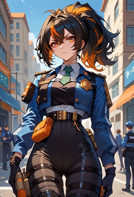 score_9, score_8_up, score_7_up, score_6_up, score_5_up,  <lora:zhu_yuan_xl:0.8>zhu-yuan,black hair,streaked hair, orange eyes, long hair ponytail, metal hairband, police uniform, blue jacket, cropped jacket, long sleeves, black vest, two-tone vest, black gloves, green necktie, plaid necktie, black pants, high-waist pants, belt, thigh straps, knee pads, holster, tight pants, blue footwear