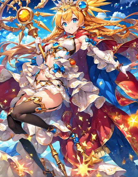 <lora:pony_xl_sol:0.8>,sol,score_9,score_8_up,score_7_up,source_anime,best quality,masterpiece,super fine illustration,1girl,tiara,hair ornament,blue bow,white dress,red cape,chest,midriff,detached sleeves,elbow gloves,white gloves,fingerless gloves,garter straps,High Leg Shorts,black thighhighs,bare shoulders,navel,holding,weapon,staff,smile,:d,fantasy,sparkle_background,