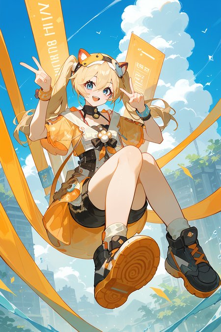 (score_9,score_8_up,score_7_up),<lora:Michele(kalabiqiu)-v1:1>,Michele(kalabiqiu),1girl,blonde hair,solo,open mouth,blue eyes,long hair,looking at viewer,smile,twintails,bangs,shorts,headband,:d,black shorts,full body,hair between eyes,
good feet,anime,NSFW,expressive,amazing quality,ultra hd 32k,