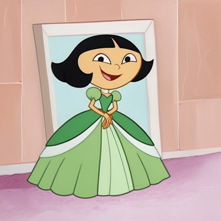LeeLeeDL, 1girl, black hair, bob cut, blunt bangs, black eyes, Very long large straight tulle green princess ball gown hoop skirt, ball gown hoop skirt, green princess dress, hoopdress, my big princess gypsy wedding dress, ballgown, a girl in a dress posing like a princess for a picture, wearing a sleeveless ballgown, looking at viewer