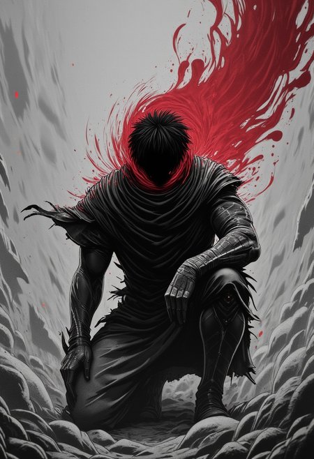 Monochrome with red color Highlights, greyscale, Highly detailed photorealistic, man, m100-style, floating dust particles, Action Scene, Motion lines, kneeling, warrior with Colorful Planet hat, Male Focus,