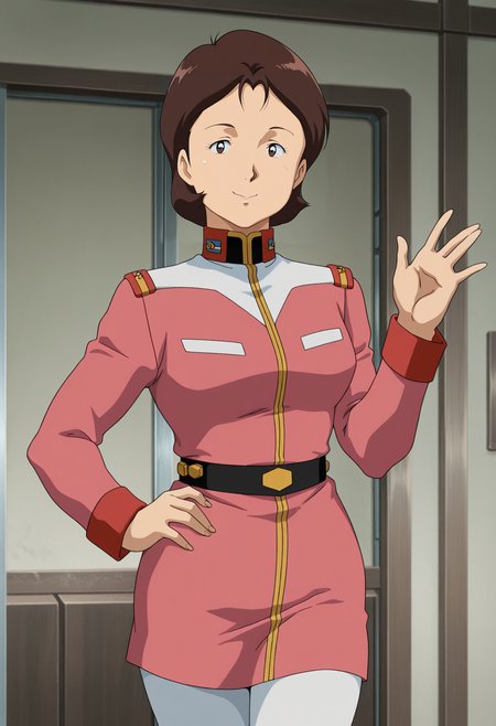 1girl,solo,mm,mature female,brown hair,short hair,retro artstyle,anime coloring,
military uniform,military,white pantyhose,uniform,waving, looking at viewer, smile,indoors,hand on own hip, 
,masterpiece,best quality,amazing quality,<lora:Mirai_Yashima-Gundam_The_OriginCucuruz_Doans_Island:0.8>