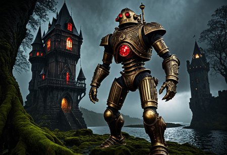giant bipedal robot brass and dirty red
 striped paint, bronze paisley robot. lacy robot metal. diving helmet torso head. outside of a steampunk keep. large detailed torso. dark image. one forty foot tall ancient robot with great arms and two heavy spring legs. dark foggy night background. $dark foggy night image only. dark photo realistic image. steampunk details. cogs, chains and pipes incorporated in the fantasy buildings. magic wizards tower in background. Dark swamp, moss, castle ruins, wizards tower. stormy dark night. stormy sky. rain.