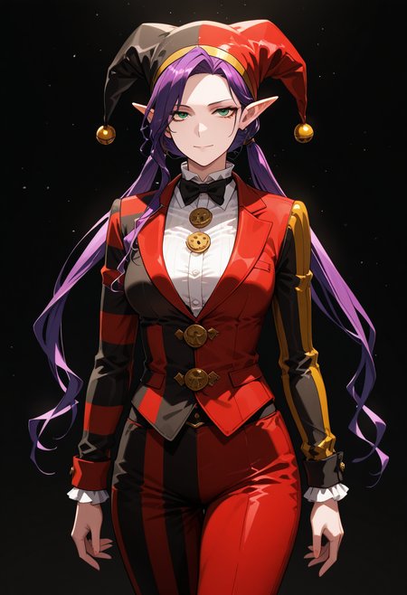 masterpiece, best quality, highly detailed, ultra-realistic, score_9, score_8_up, score_7_up, score_6_up,
1woman, solo, sporty female, mature girl, big woman, warrior women,  Imina, slim, elf, twintails, long face, nice skin, long hair, purple hair, green eyes, looking at viewer, medium breasts,
jester's suit, striped suit, (red outfit, black outfit, multicolor), harlequin outfit, jester, classy, elegant, stylish, joker attitude, jester's cap with round bells,
tall woman, nice hips, detailed eyes, detailed face, empty hands, (cowboy shot),
fit, toned, stands proudly, outdoors, (black background:1.3), <lora:Imina_Overlord:1.5>