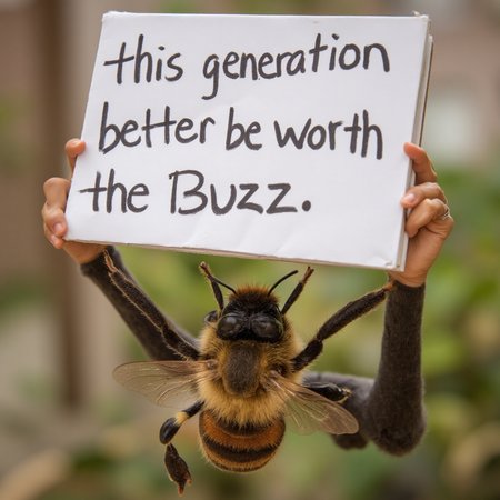 A bee holding up a sign that reads “this generation better be worth the Buzz”