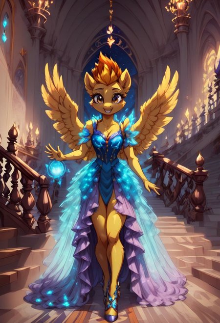 score_9, score_8_up, score_7_up, anthro,
(((Spitfire))), pegasus, ((spread wings)),
facing viewer, front view, female focus, view from chesthight,
g5, pony, female, mare, tail, dock, solo, 1girl, highly detailed, beautiful, detailed eyes, detailed fur, beautiful eyes, (tall), ((perfect body proportions), (beautiful long legs),
small breasts, show accurate skin colour,
long hair, fluffy hair, biggest hair,
(((walking ((down)) a grand staircase))), (((waving to viewer))), ((happy, excited, smiling at viewer invitingly)),
(((wearing a beautiful, eyecoloured, bioluminescent, shoulderfree ballgown))), glowing ballgown,
BREAK,
highly detailed background, (((nighttime))), night
inside Canterlot castle, ballroom, ((grand staircase)), mirror marble floor, (((dimmed lights in the room))),