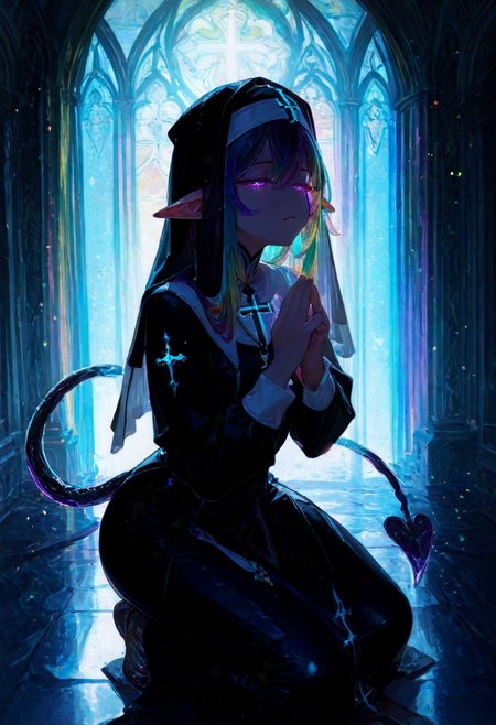 masterpiece, best quality, amazing quality, very aesthetic, absurdres, newest, volumetric lighting, holographic colors, cute, gradient colors, rainbow background, masterpiece, best quality, amazing quality, very aesthetic, absurdres, newest, volumetric lighting,1girl, 
BREAK
 ambient occlusion, raytracing, soft lighting, blum effect, masterpiece, absolutely eye-catching, particles, glow, shining, intricate cinematic background, (beautiful face),  
BREAK
masterpiece, highly detailed,1girl,beautiful eyes, big eyes, detailed eyes, detailed pupils, perfect body, glowing eyes,
Dark Priest, prehensile tail, spade-tipped tail, pointy ears, half closed eyes, nun veil, praying, church background, kneeing, head up, praying, holding a small cross, glowing cross, view from above,