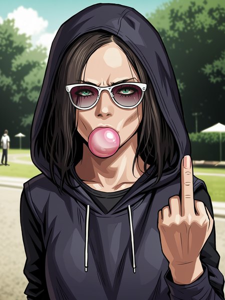 outdoors, skatepark, , realistic, 1girl, source_anime, score_9, <lora:zPDXL3:0.8> <lora:Pony_DetailV2.0:0.85> asymmetrical
darkness, nighttime, <lora:Based Eveline:0.8> sevenline, 
hoodie, (hood up:1.2), sunglasses, shadows, bubblegum, blowing bubble, pink bubble
flipping the bird, middle finger
