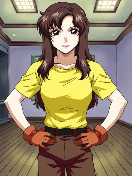 <lora:Murrue_Ramius-Gundam_SEED:1>,Murrue,1girl,brown hair,brown eyes,lipstick,long hair,yellow shirt,pants,gloves,hands on own hips,looking at viewer,indoors,smile