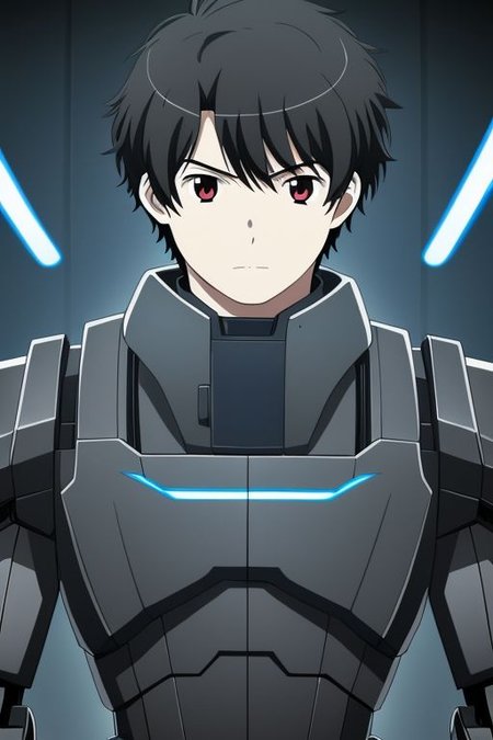high resolution, solo, best quality, 1Boy, Portrait, Inaho Kaizuka, Black Hair, standing in front of the robot, mecha style,